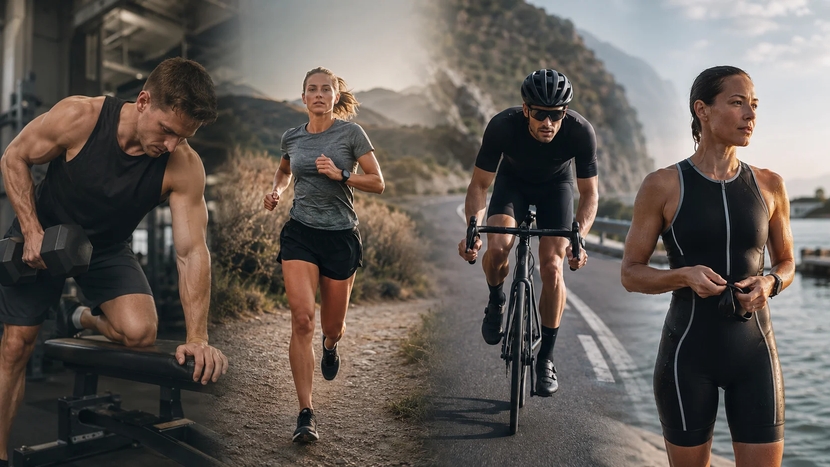 Collage met bodybuilder, hardloper, wielrenner en triatleet