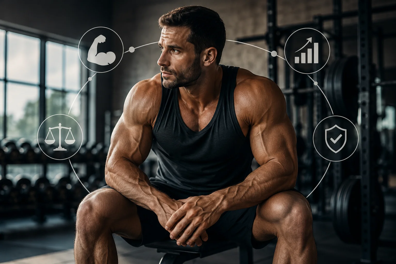Krachtsporter in de gym met abstracte iconen voor spierbehoud en performance