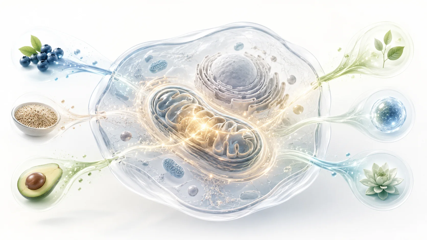 Schematische uitleg van NAD, mitochondriën, energieproductie en herstel in het lichaam.