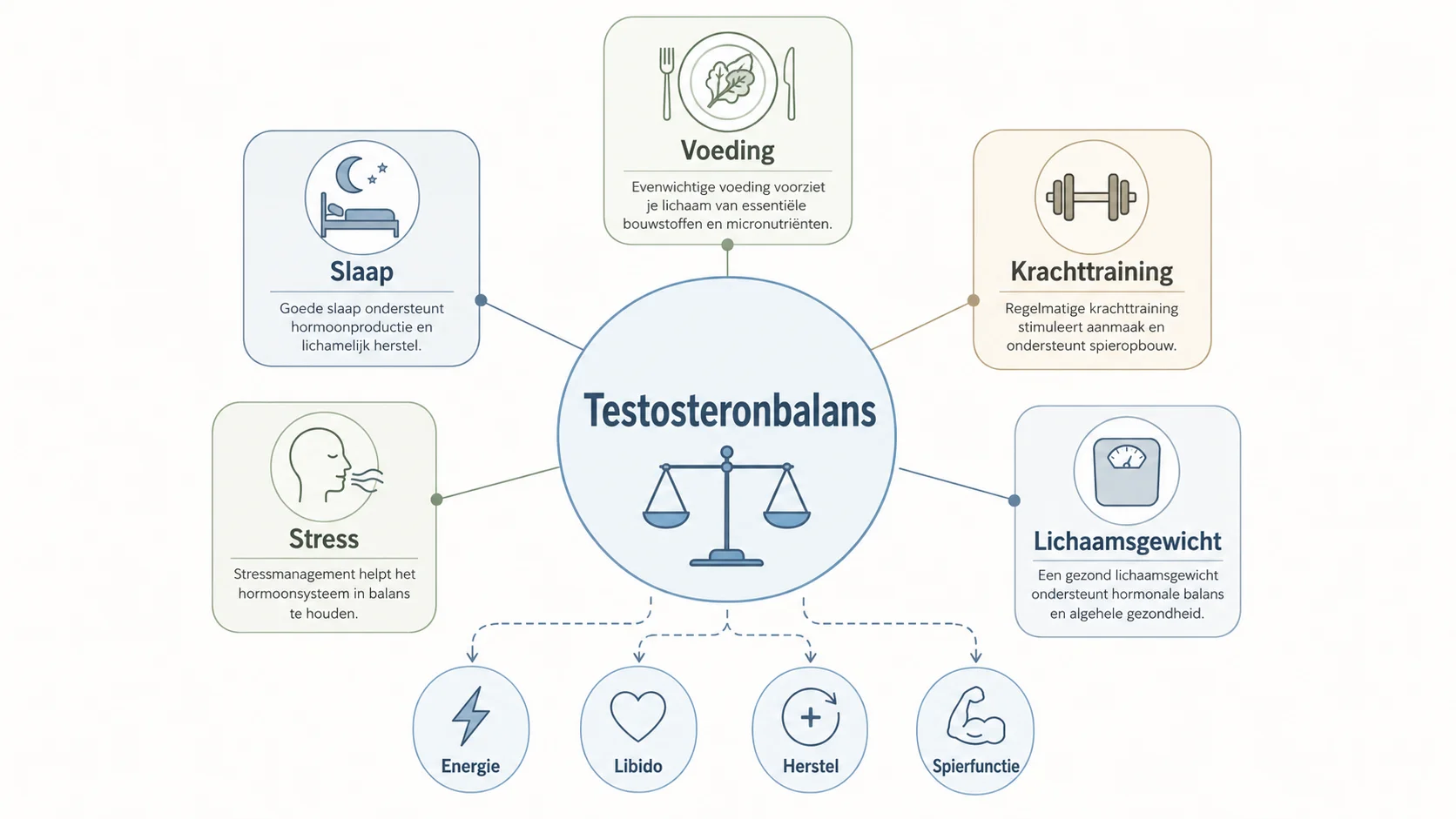 Schematische uitleg van factoren die testosteron kunnen beïnvloeden zoals slaap, voeding, training, stress en lichaamsgewicht