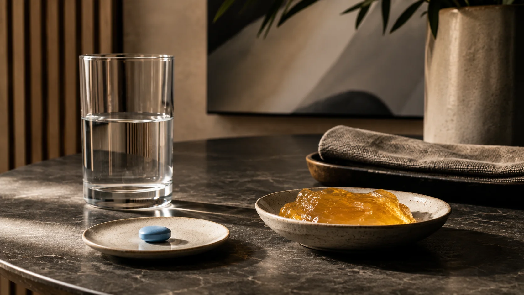 Stijlvolle conceptuele afbeelding over Kamagra en Kamagra Jelly zonder personen of tekst.