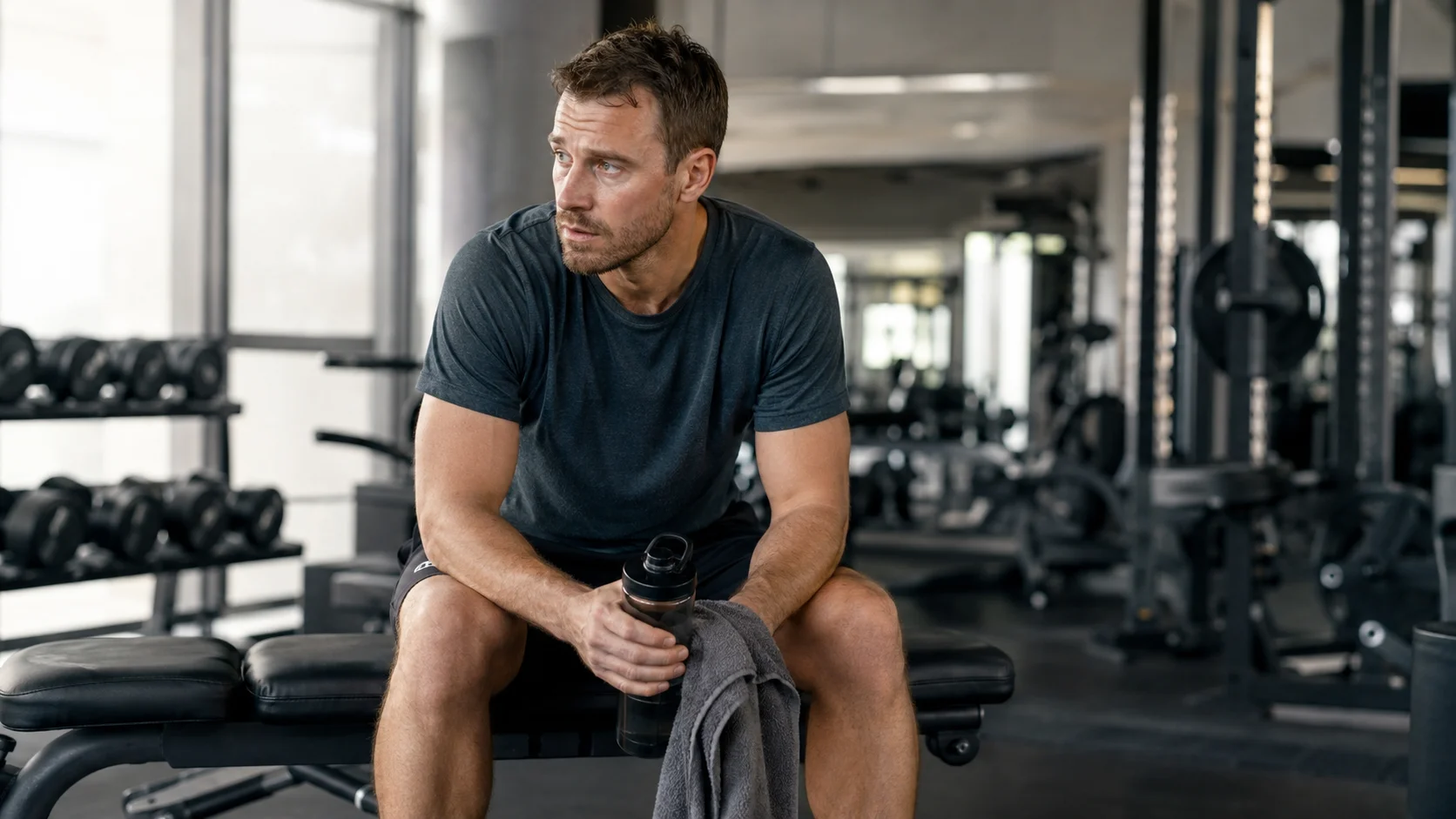 Sportieve man zit vermoeid in de gym na training als visuele uitleg bij laag testosteron symptomen