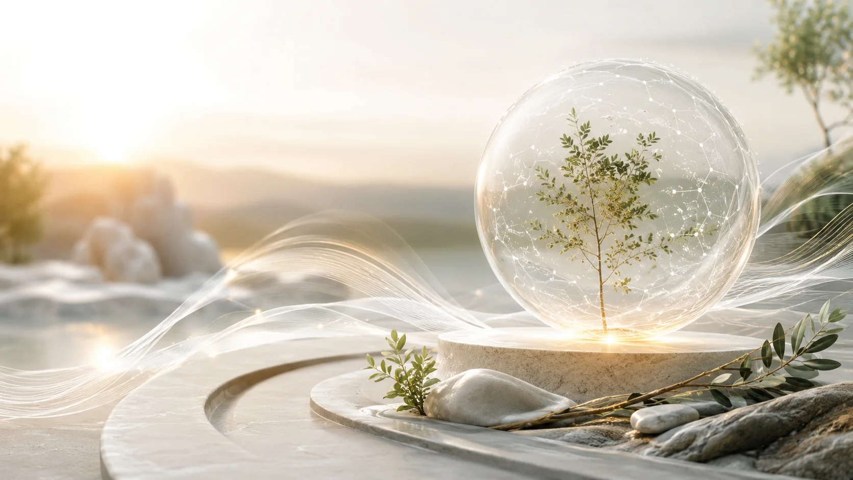 Futuristische abstracte visualisatie van longevity, vitaliteit en gezond ouder worden.
