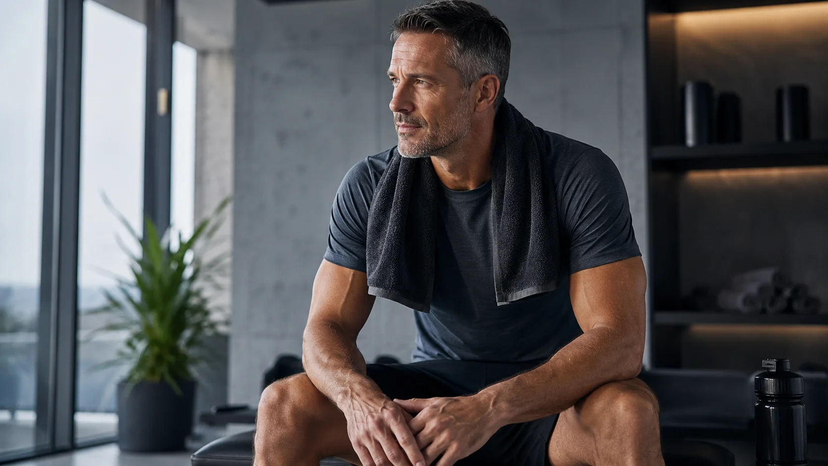 Sporter herstelt na training in een moderne gym voor een pagina over peptiden en longevity.
