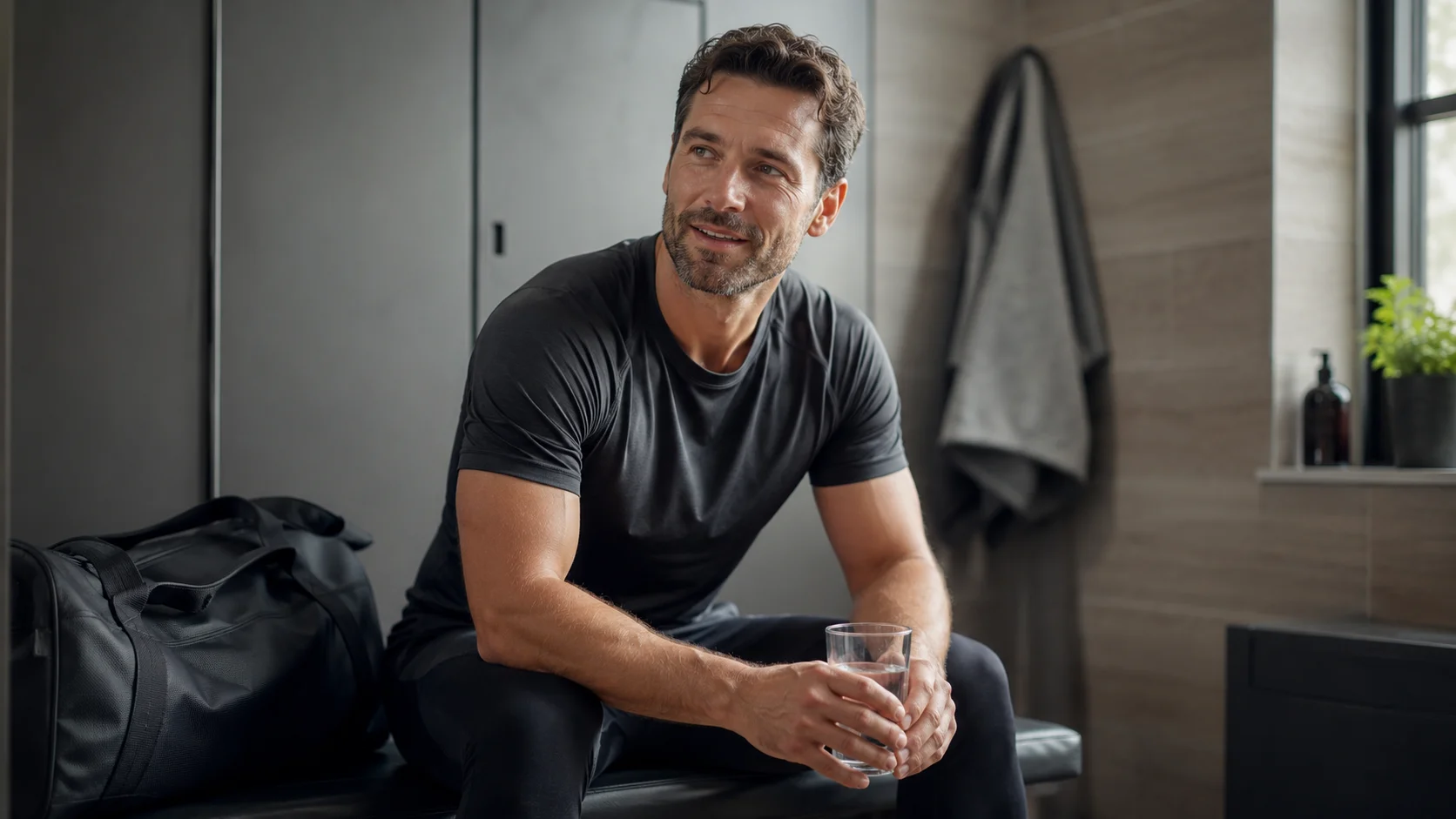 Sportieve volwassen man in een rustige setting die past bij een informatieve uitleg over sildenafil en zelfvertrouwen.
