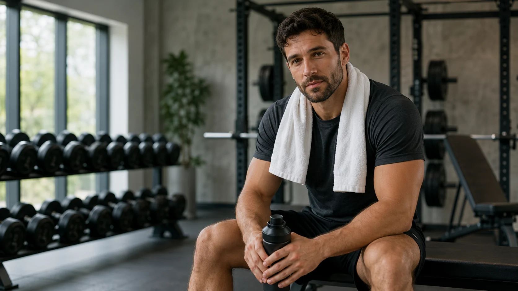 Sportieve man in rustige gymomgeving als visuele uitleg bij Sustanon en testosteron