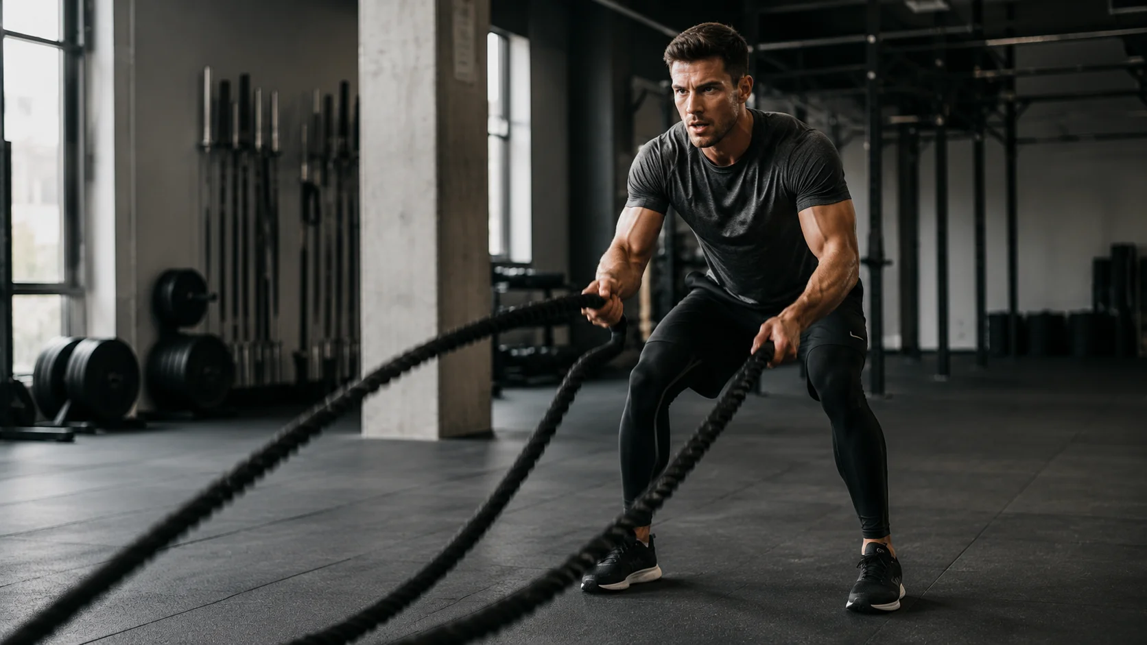 Sporter traint intensief in de gym als beeld bij T5 en droogtrainen.