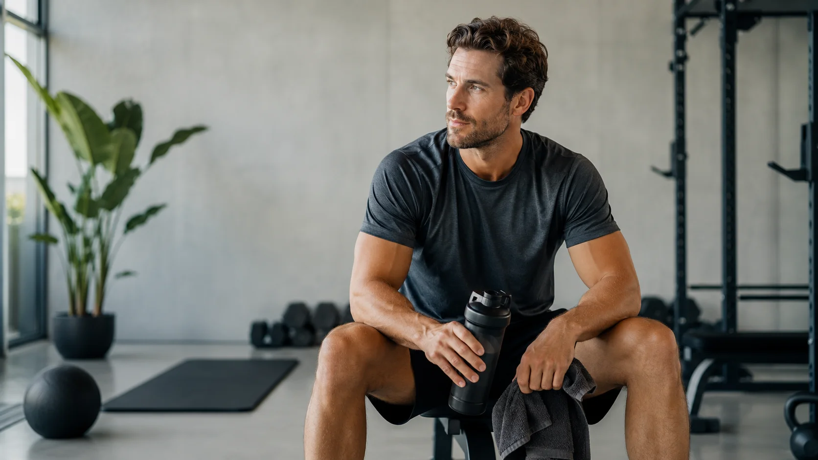 Sportieve man na krachttraining met focus op herstel, slaap en gezonde leefstijl voor testosteron