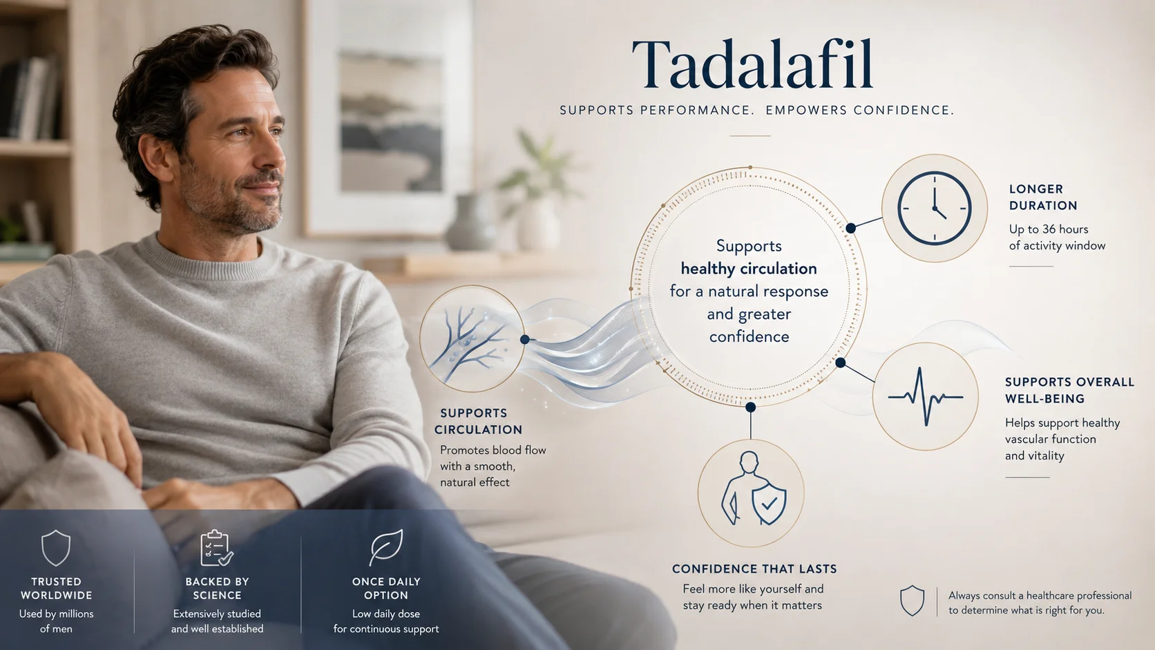 Schematische maar realistische visual over tadalafil, doorbloeding en langere werkingsduur.