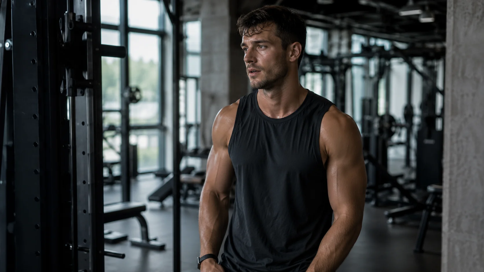 Sporter in de gym werkt aan spierdefinitie en droog trainen